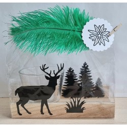 Teelicht Holz/Glas Hirsch/Wald