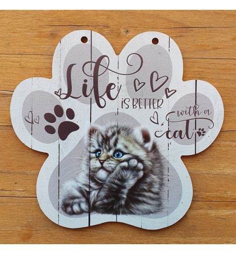 Holz Schild Katze grau