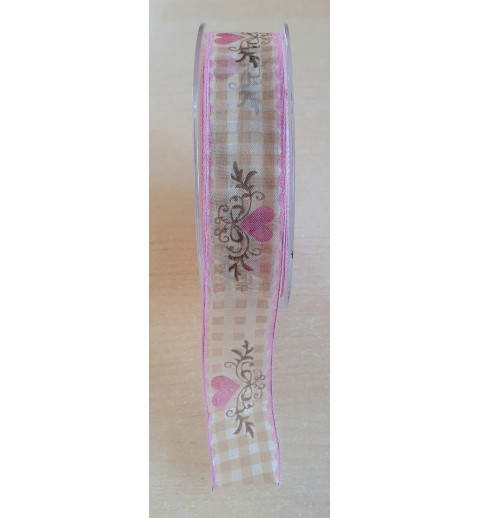 Dekoband Karo/Herz  beige-rosa