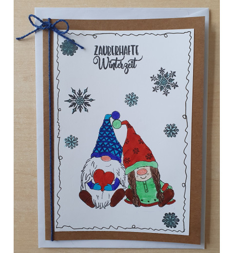Weihnachtskarte zwei Wichtel blau