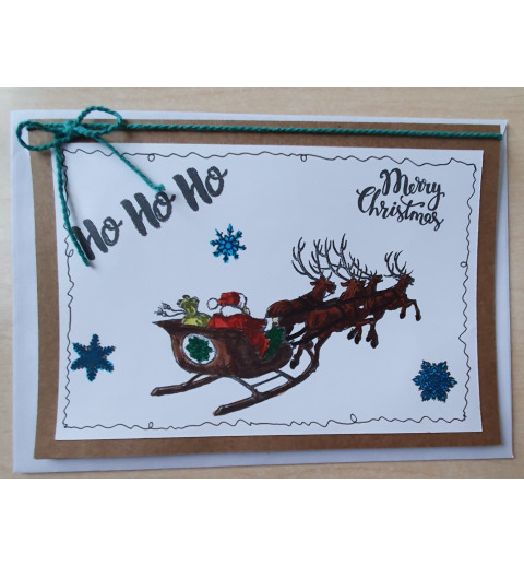 Weihnachtskarte Schlitten/Rentiere grün