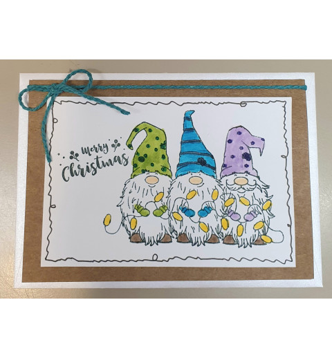 Weihnachtskarte drei Wichtel/Lichterkette türkis
