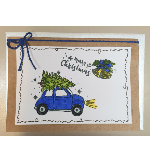 Weihnachtskarte Auto blau