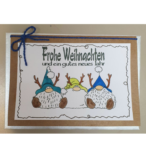Weihnachtskarte drei Rentierwichtel blau