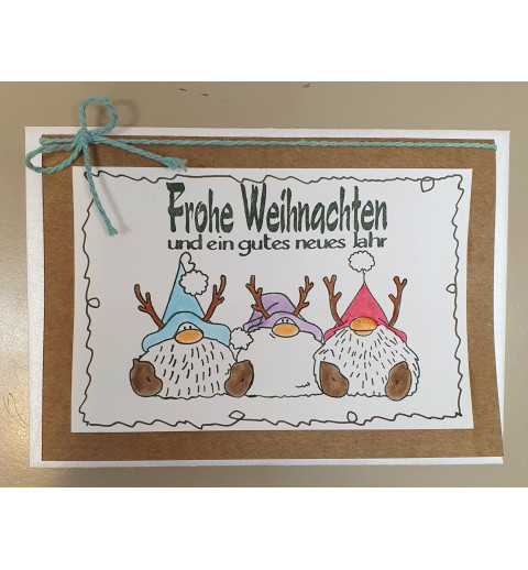 Weihnachtskarte drei Rentierwichtel hellblau