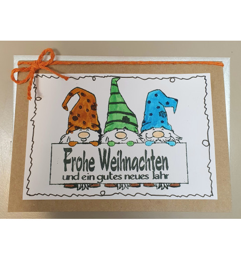 Weihnachtskarte drei Wichtel orange