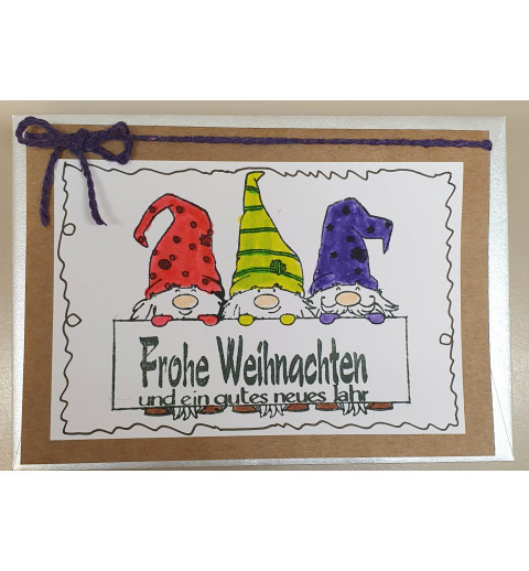 Weihnachtskarte drei Wichtel violette