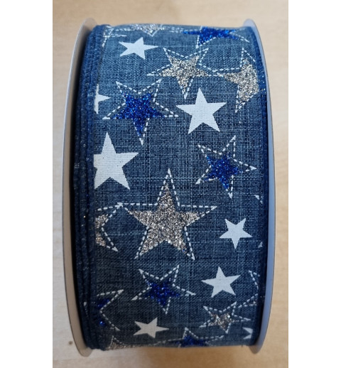 Dekoband Sterne jeansblau mit Drahtkante
