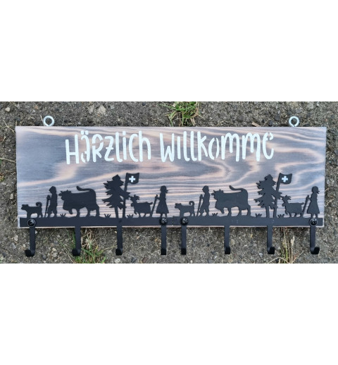 Schlüsselbrett Alpaufzug weiss Härzlich Willkomme