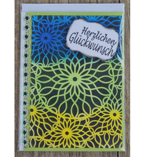 Herzlichen Glückwunsch Ornamente blau/grün/gelb