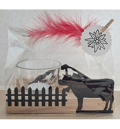 Teelicht Holz/Glas Kuh