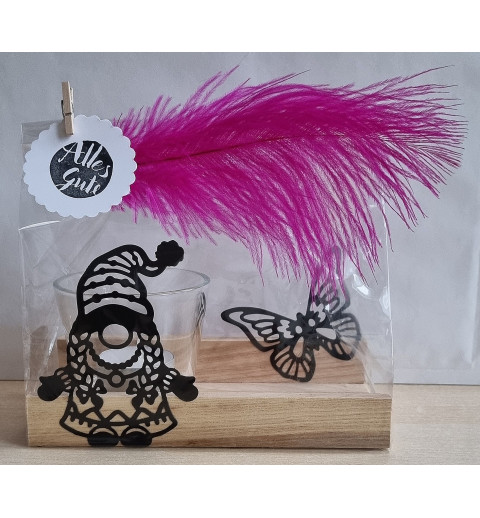 Teelicht Holz/Glas  Wichtel/Schmetterling