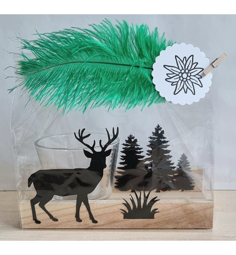 Teelicht Holz/Glas Hirsch/Wald