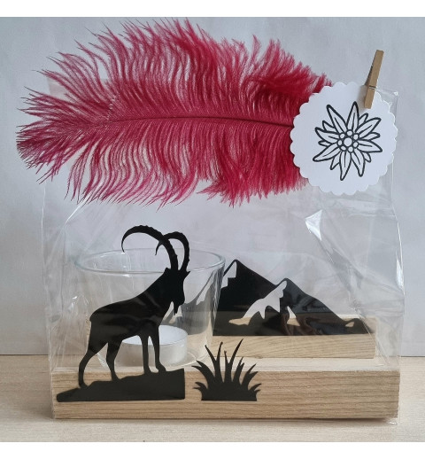 Teelicht Holz/Glas  Steinbock/Berge