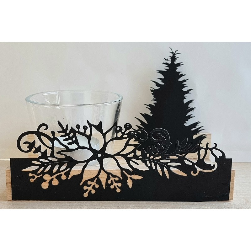 Teelicht Holz/Glas  Blumen/Tannenbaum