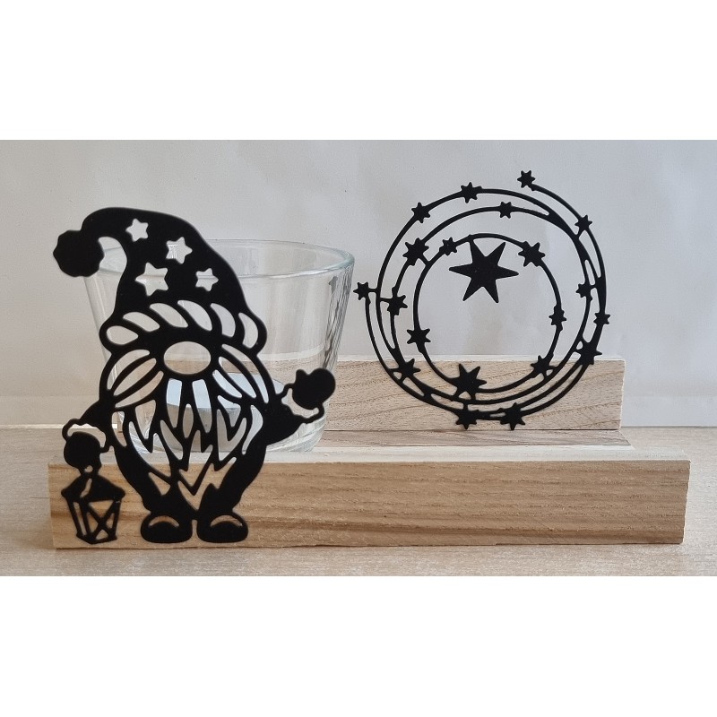 Teelicht Holz/Glas  Wichtel/Sterne