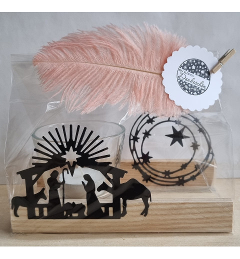 Teelicht Holz/Glas  Krippe/Sterne
