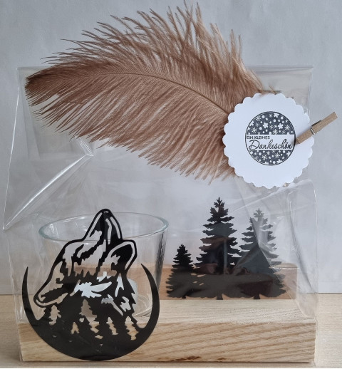 Teelicht Holz/Glas  Wolf