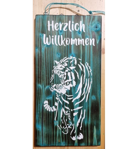 Schild Herzlich Willkommen/Tiger