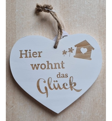 Holz Herz weiss "Hier wohnt das Glück"