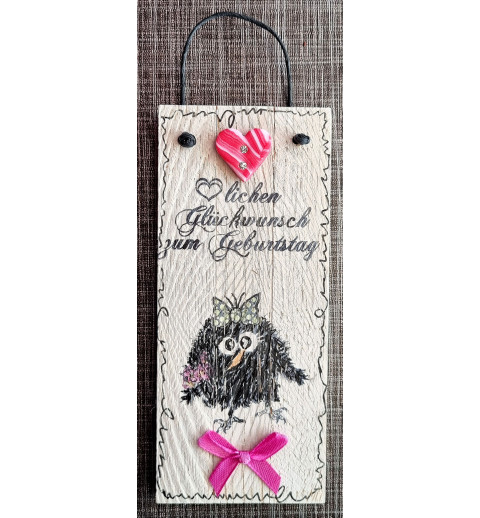 Mini Schild Herzlichen Glückwunsch zum Geburtstag/Rabe pink