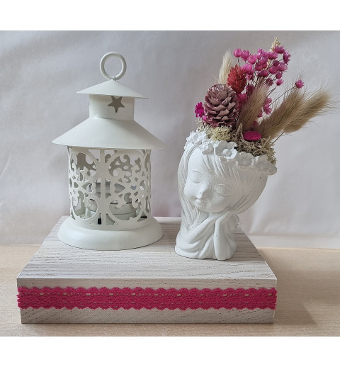 Teelichtdeko mit Trockenblumen pink