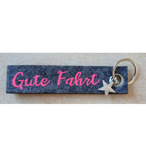 Filz Schlüsselanhänger Gute Fahrt grau/rosa
