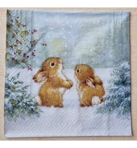 Serviette " Zwei Kaninchen im Schnee "
