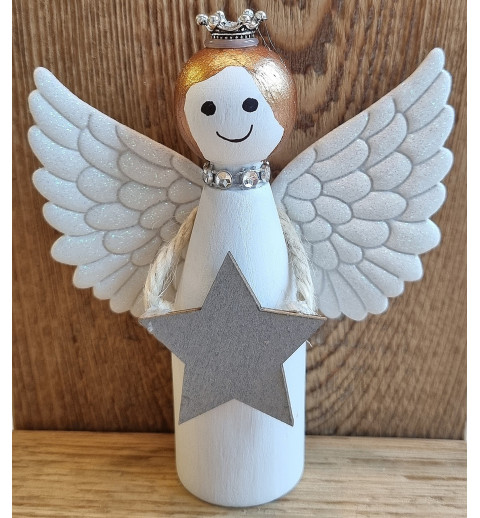 Holz Engel mit Gesicht weiss/silber Stern