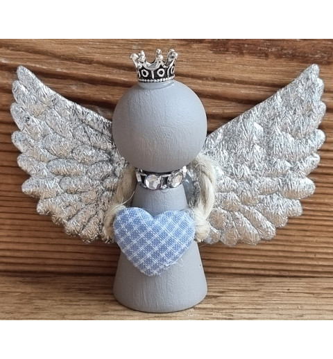 Holz Engel taupe/hellblau Herz/silber