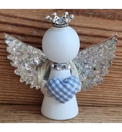 Holz Engel weiss/hellblau Herz/silber