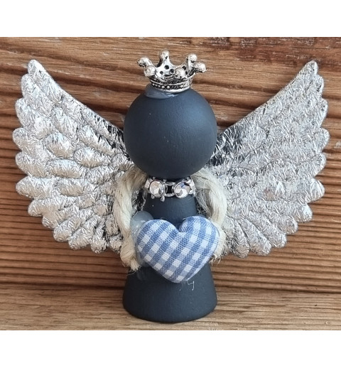 Holz Engel anthrazit/hellblau Herz/silber