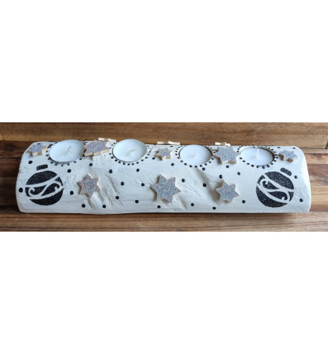 Advents Holz mit Teelichtern weiss/schwarz