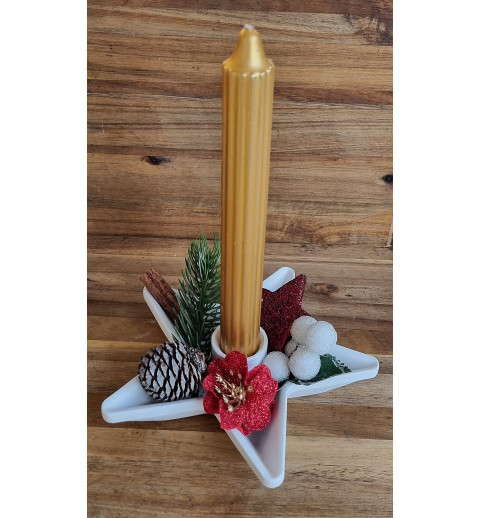 Kerzen-Gesteck gold/rot/stern/blume