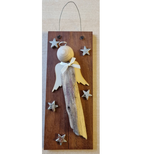 Schild Schwemmholz Engel/Sterne silber