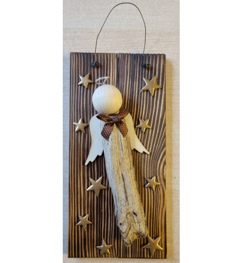Schild Schwemmholz Engel/Sterne gold