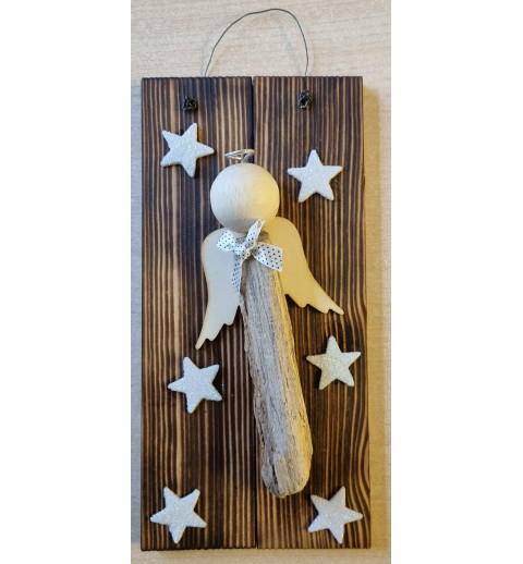 Schild Schwemmholz Engel/Sterne weiss