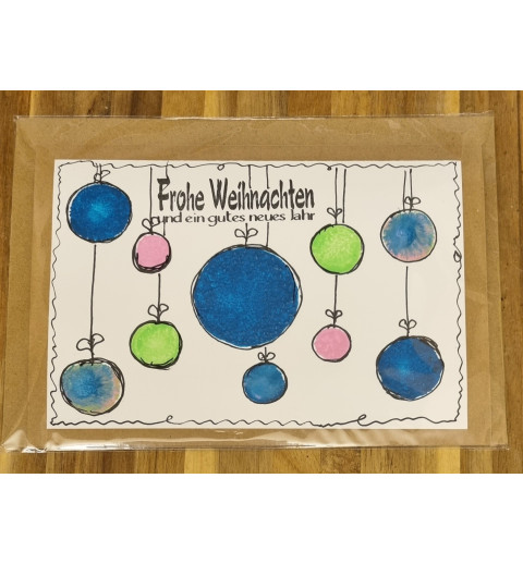 Karte " Weihnachtskugeln " blau/hellgrün/rosa