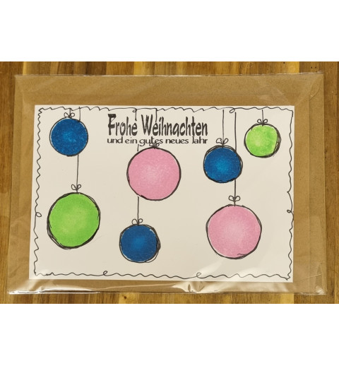 Karte " Weihnachtskugeln " blau/hellgrün/rosa
