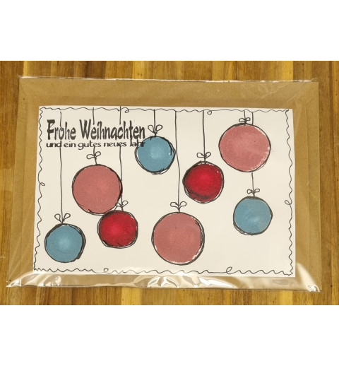 Karte " Weihnachtskugeln " rot/rosa/blau