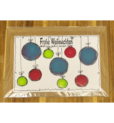 Karte " Weihnachtskugeln " rot/blau/hellgrün