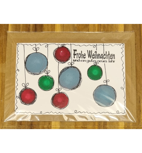 Karte " Weihnachtskugeln " rot/blau/grün