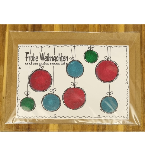 Karte " Weihnachtskugeln " rot/blau/grün