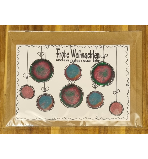 Karte " Weihnachtskugeln " rosa/blau/grün