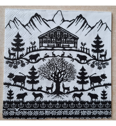Serviette Scherenschnitt Berge/Hütte/Kühe