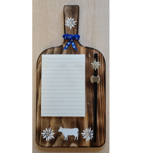 Notizblock mit Bleistift auf Holzbrettchen blau