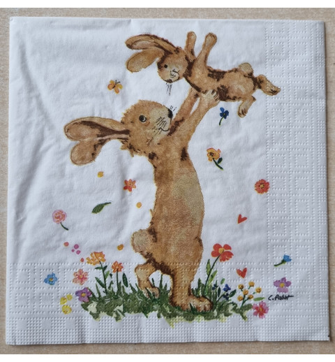 Serviette  " Hase mit Kind "