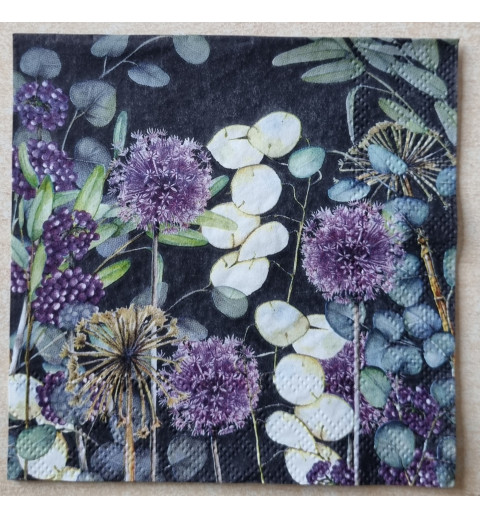 Serviette Blumen schwarz/weiss/violette