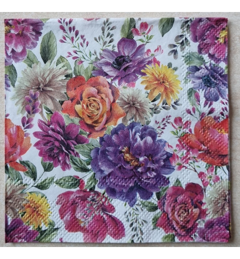 Serviette Blumen weiss/orange/rot/violette