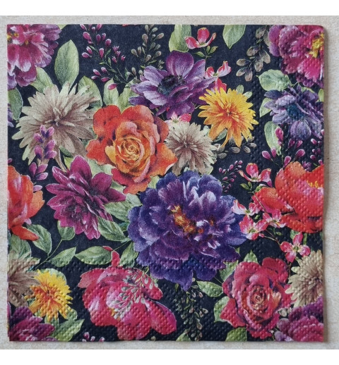 Serviette Blumen schwarz/orange/rot/violette